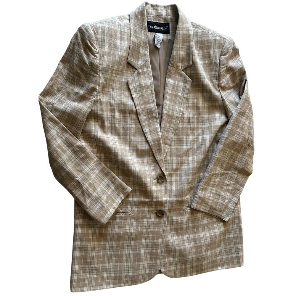 SAG HARBOR Women’s Sz 10 Blazer Suit Jacket Plaid Tan Vtg Linen Blend Preppy
